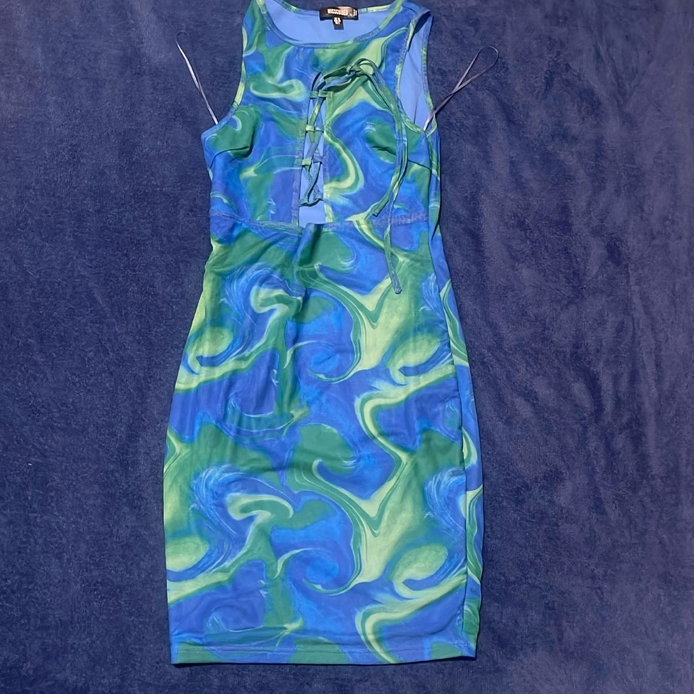 Blue green swirl mesh mini dress w/ tie in front from Missguided. US 6